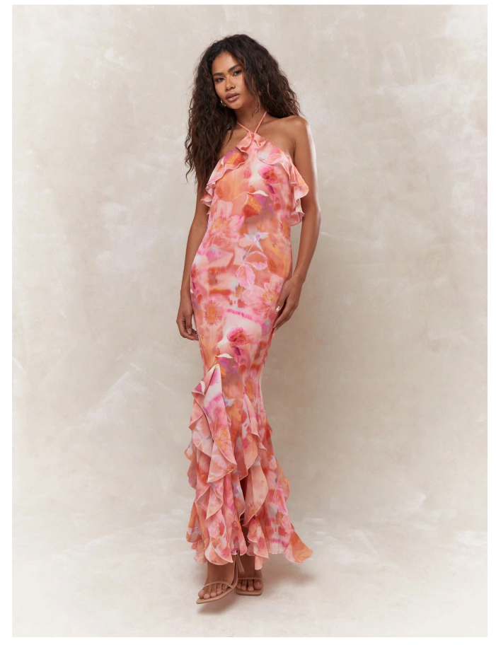 Robe Longue Imprimé Floral avec Col Montant et Dos Nu